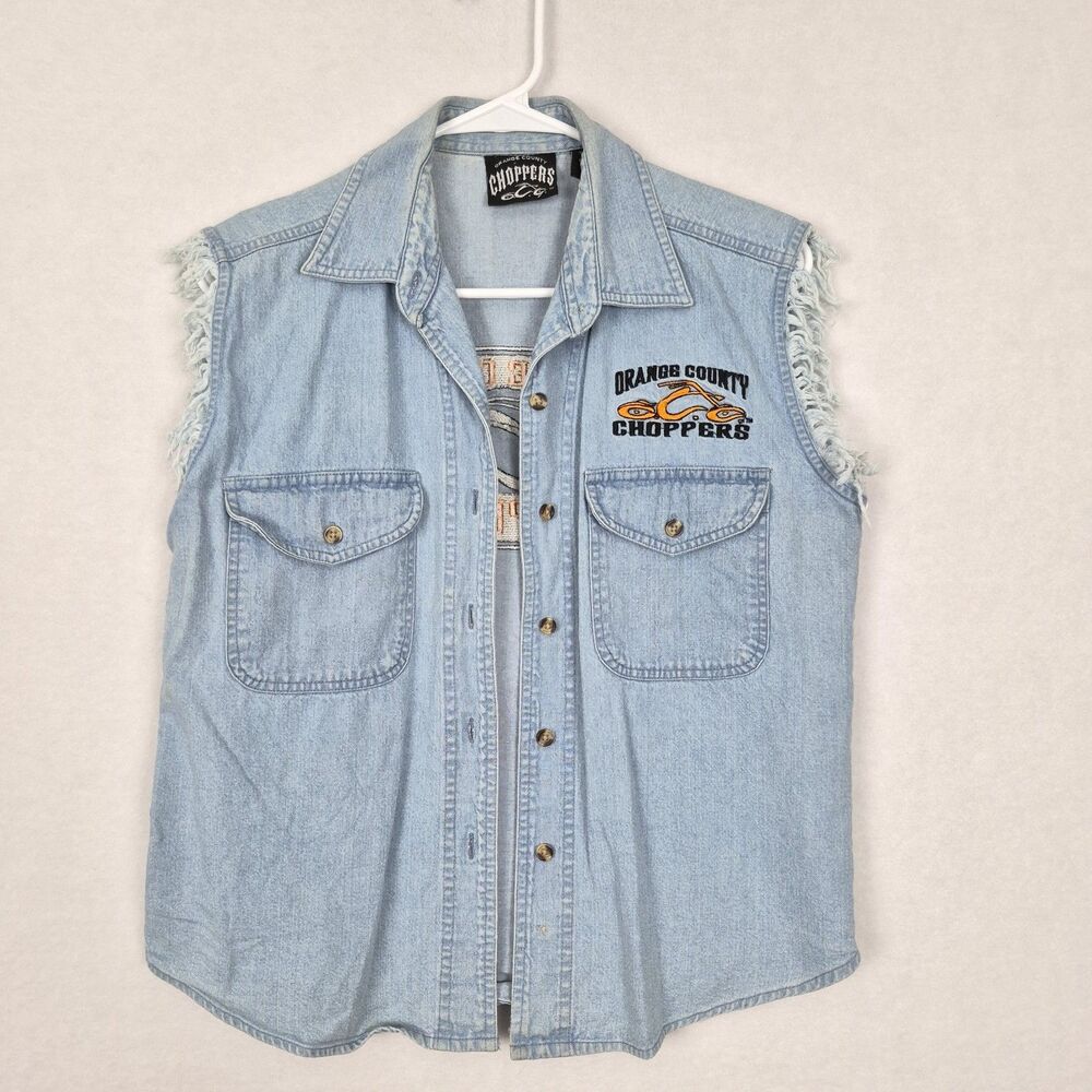 VTG Orange County Choppers Women's Large Sleeveless Denim Shirt Frayed Grunge